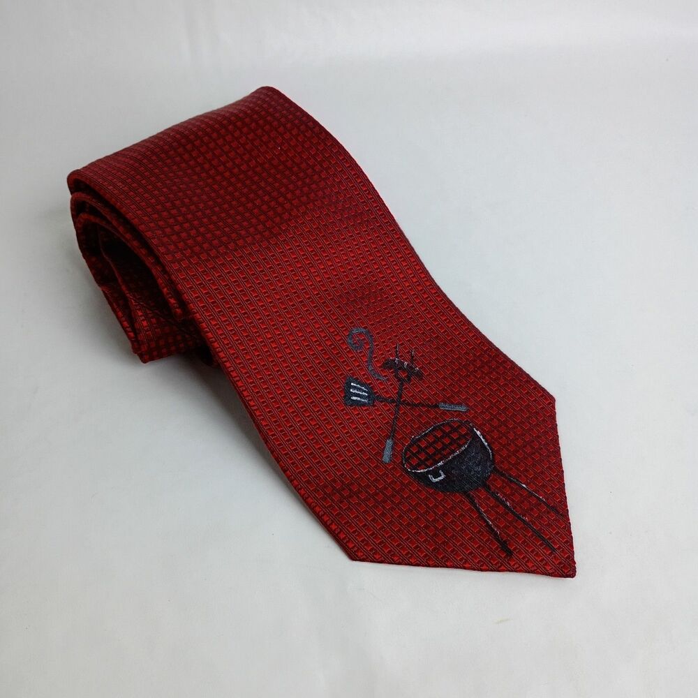 Vintage Ezio Italy Handmade 100% Silk Red Woven Novelty Tie "Grill Master"